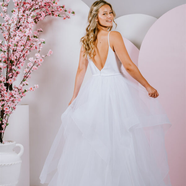 V neck front and low back debutante gown