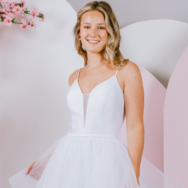 V neck front and low back debutante gown