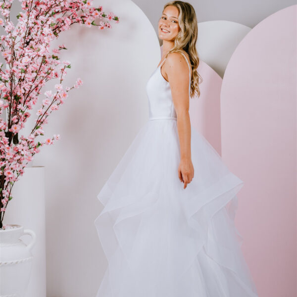 V neck front and low back debutante gown