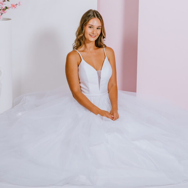 V neck front and low back debutante gown