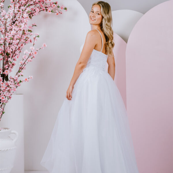 Delicately placed floral lace deb gown