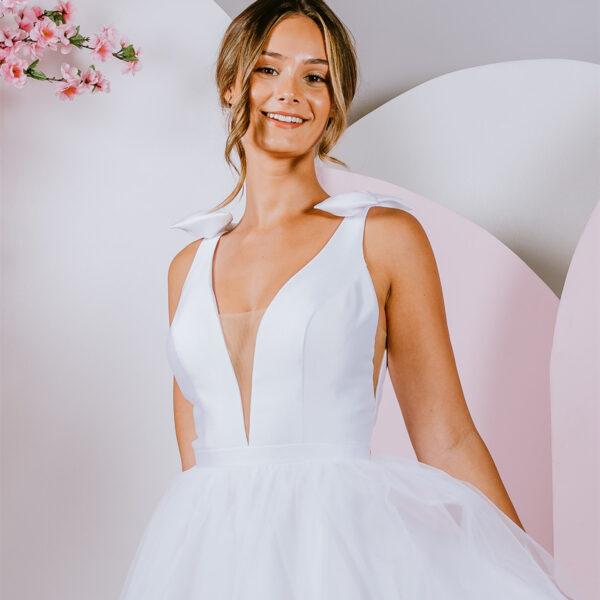 deep v neckline with tulle skirt deb gown