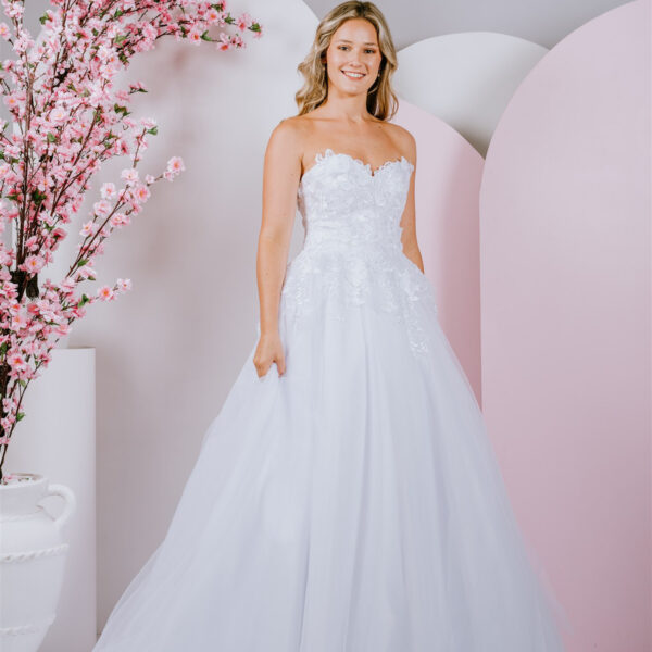 Sparkling lace adornes deb gown