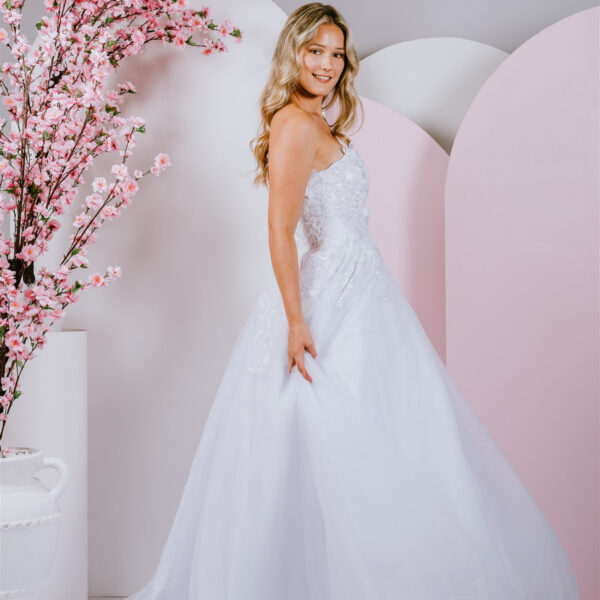 Sparkling lace adornes deb gown