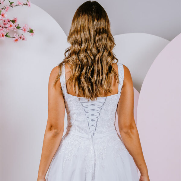 modern straight neckline deb gown