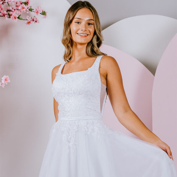 modern straight neckline deb gown