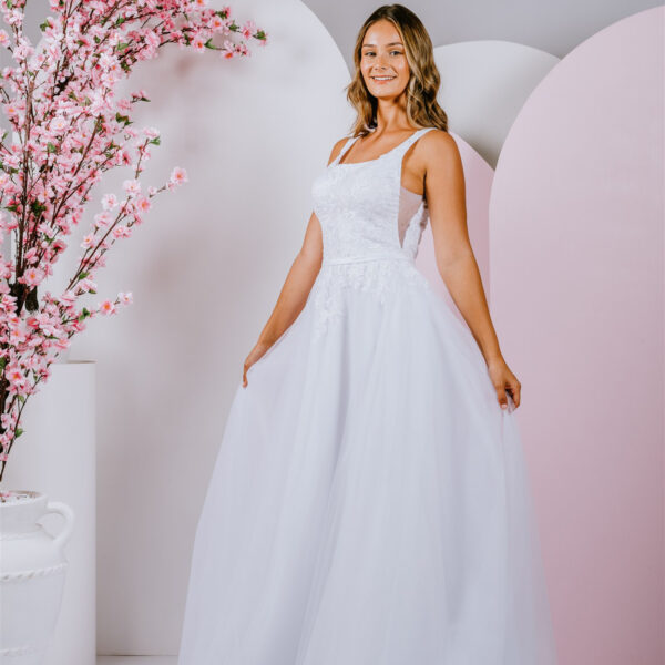 modern straight neckline deb gown